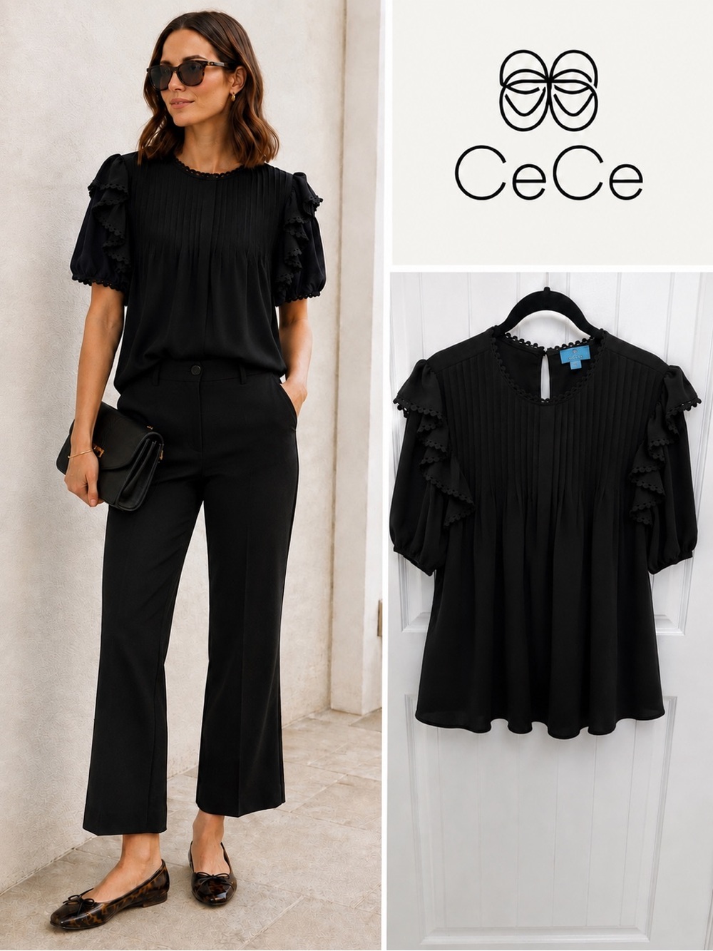 CeCe Black Pleated Ruffle Sleeve Blouse